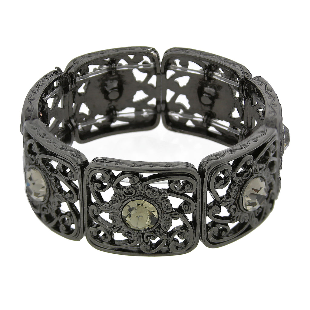 Black Intricate Wavy Filigree Round Crystal Stretch Bracelet