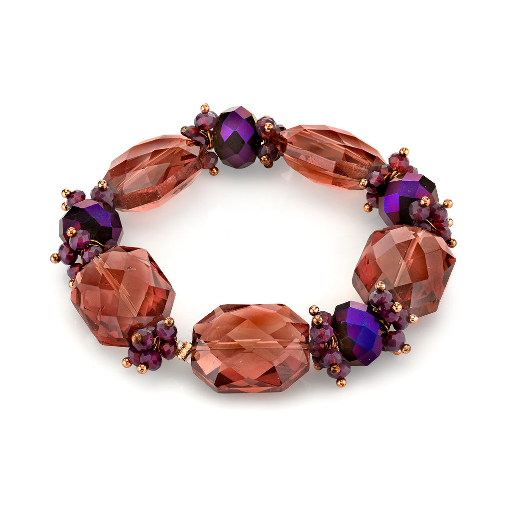 Copper Tone Amethyst Purple Color Beaded Stretch Bracelet