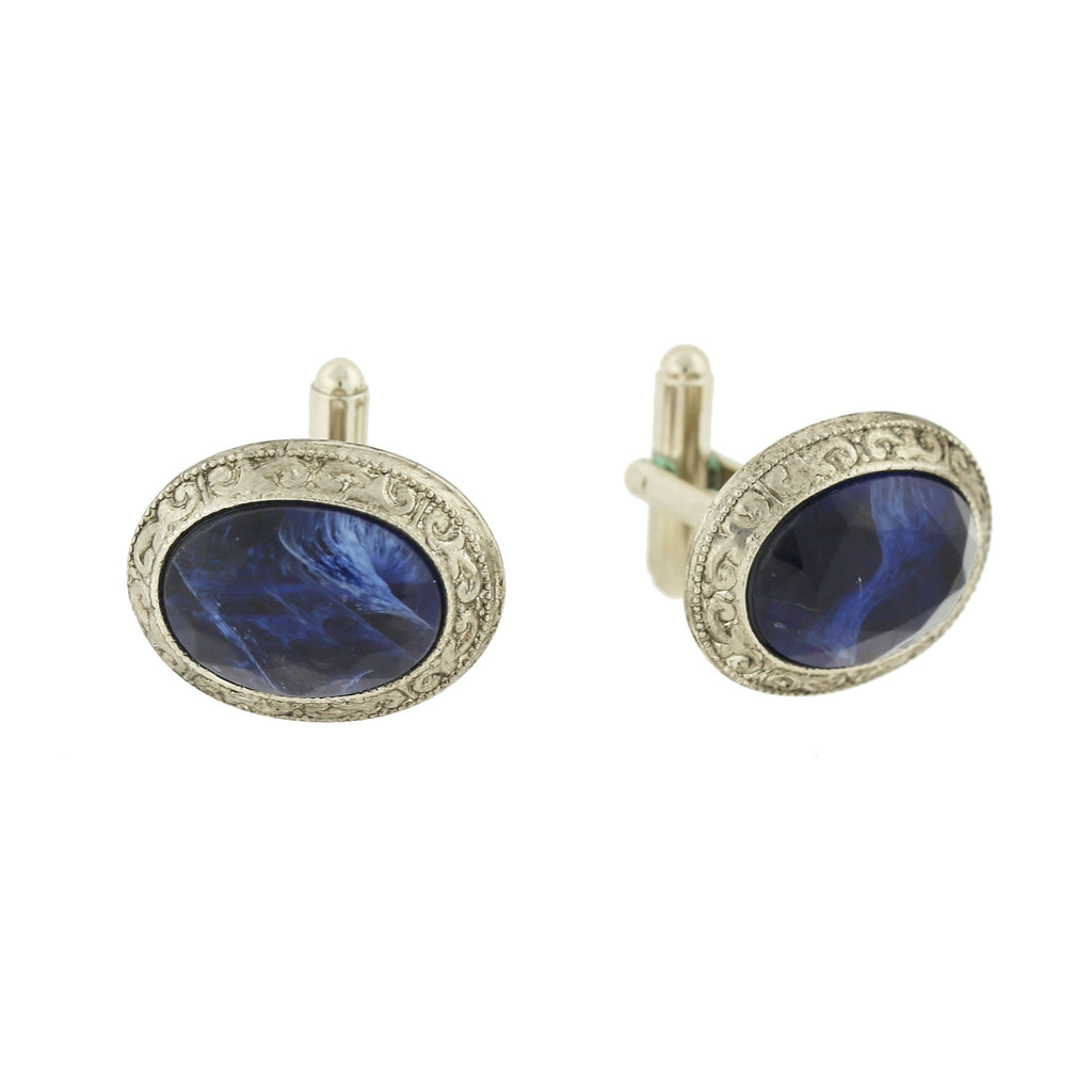 Silver Tone Blue Faceted Oval Cuff Links