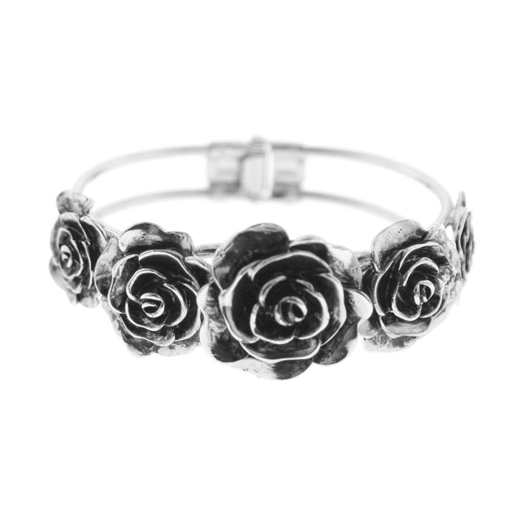 Silver Tone Black Enamel Flower Cuff Bracelet