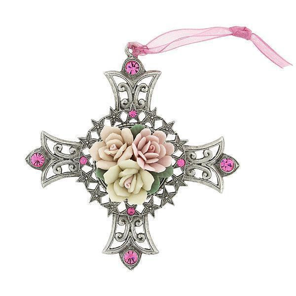 Silver Tone Porcelain Rose Cross Ornament With Pink Crystal Accents
