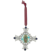 Silver Tone Our Lady Of Guadalupe Decal Cross Ornament With Blue Crystal Accents
