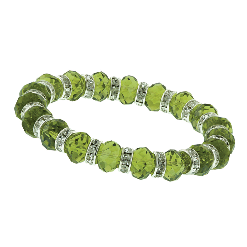 Silver Tone Green and Crystal Beaded Stretch Bracelet