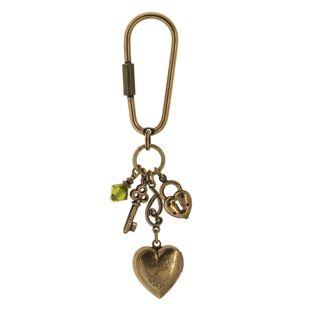 Gold Tone Green Crystal Bead Heart Locket Key Fob