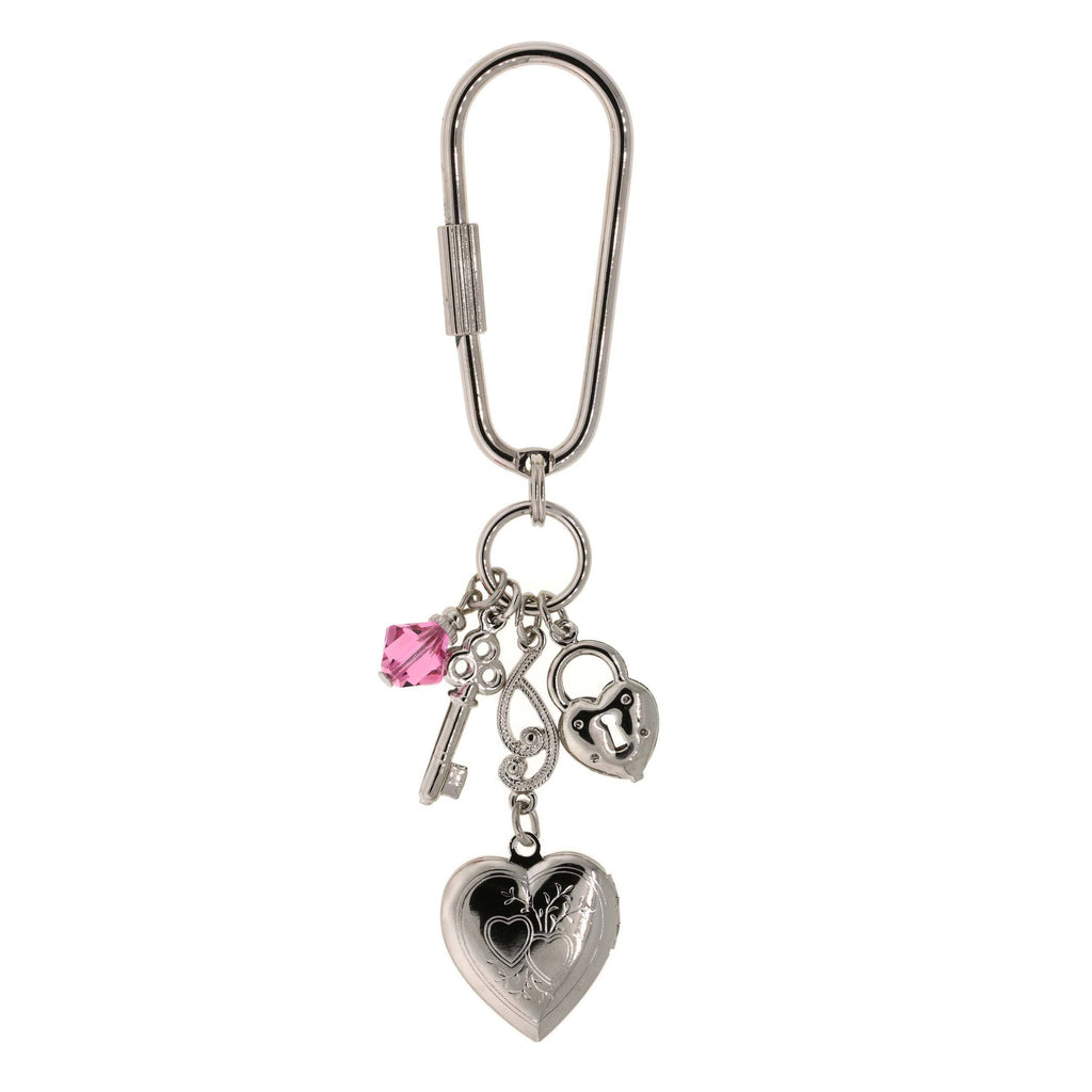 Silver Tone Pink Crystal Bead Heart Locket Key Fob