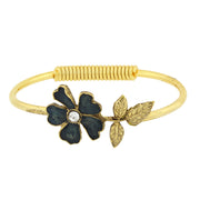 Gold Tone Enamel Flower And Crystal Accent Spring Hinge Cuff Bracelet