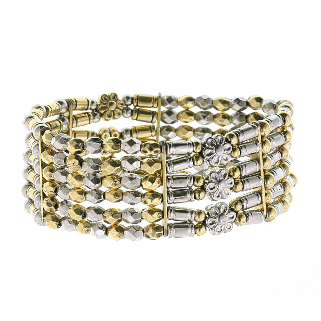 2028 Jewelry Silver Tone 6 Row Brass Floral Stretch Bracelet