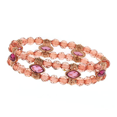 Copper Tone Pink Beaded Stretch Bracelet