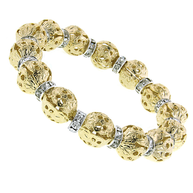 Gold Tone Puffed Filigree Bead Rondelle Crystal Stretch Bracelet