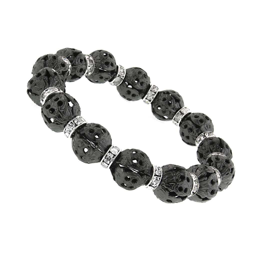 Silver Tone Crystal Rondelle Black Filigree Bead Stretch Bracelet