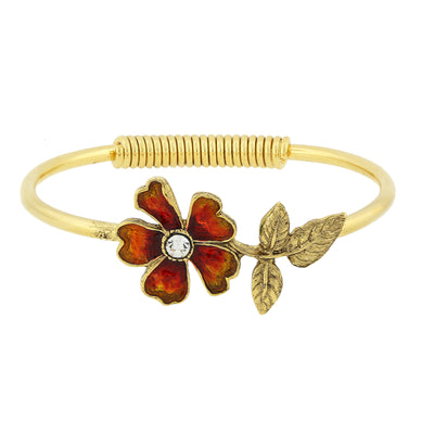 Gold Tone Enamel Flower And Crystal Accent Spring Cuff Bracelet