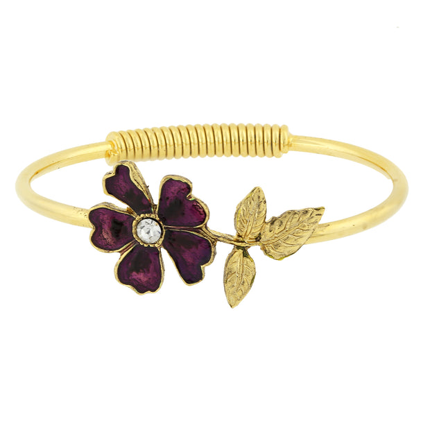 Gold Tone Enamel Flower And Crystal Accent Spring Cuff Bracelet