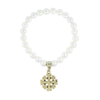 White Faux Pearl Stretch Bracelet With Jerusalem Cross Charm