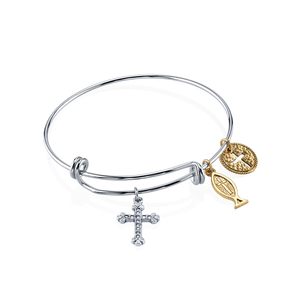 Silver Tone Bangle Bracelet with Cross Fish and Medallion Charms