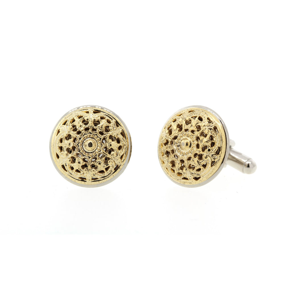 Vintage Style Two Tone Round Filigree Cuff Links