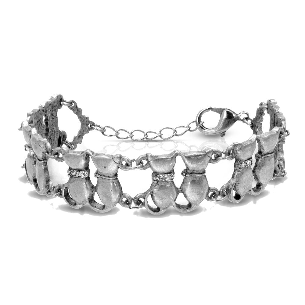 Silver Tone Crystal Multi Double Cat Chain Bracelet