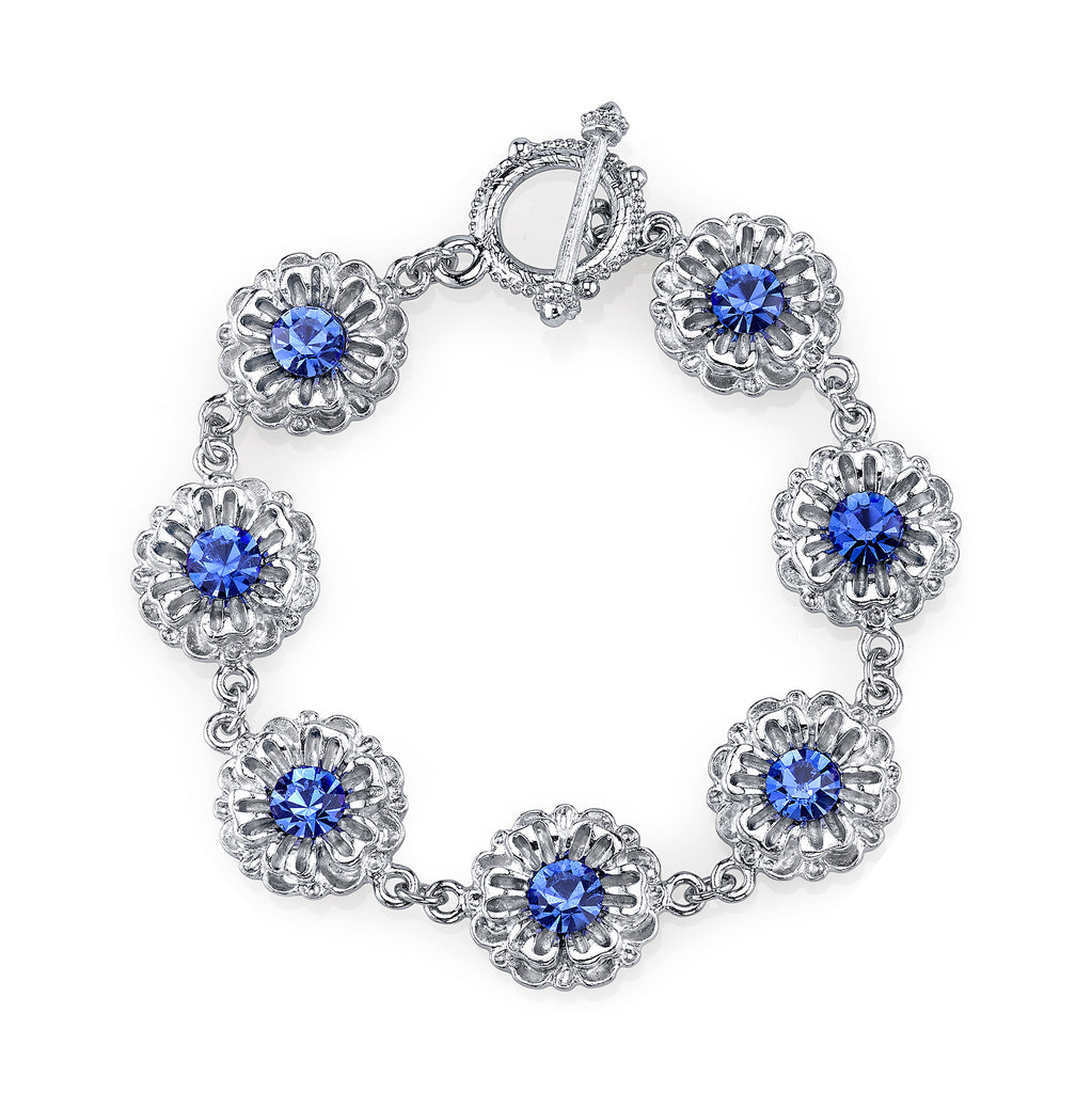 Silver Tone Sapphire Blue Color Crystal Flower Toggle Bracelet
