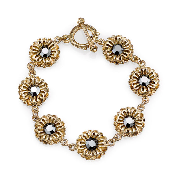 Gold Tone Hematite Color Crystal Flower Toggle Bracelet