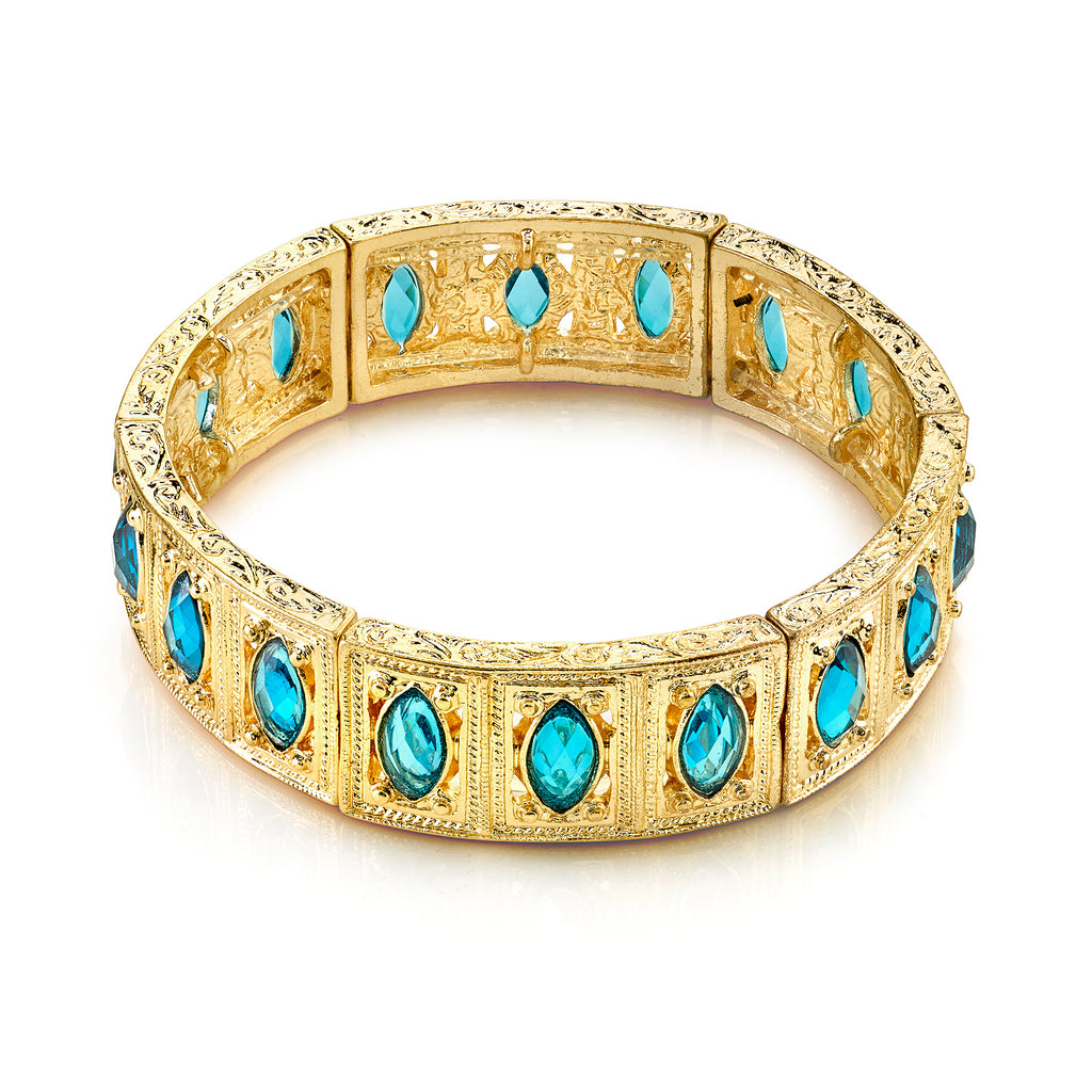 Gold Tone Aqua Blue Navette Stretch Bracelet