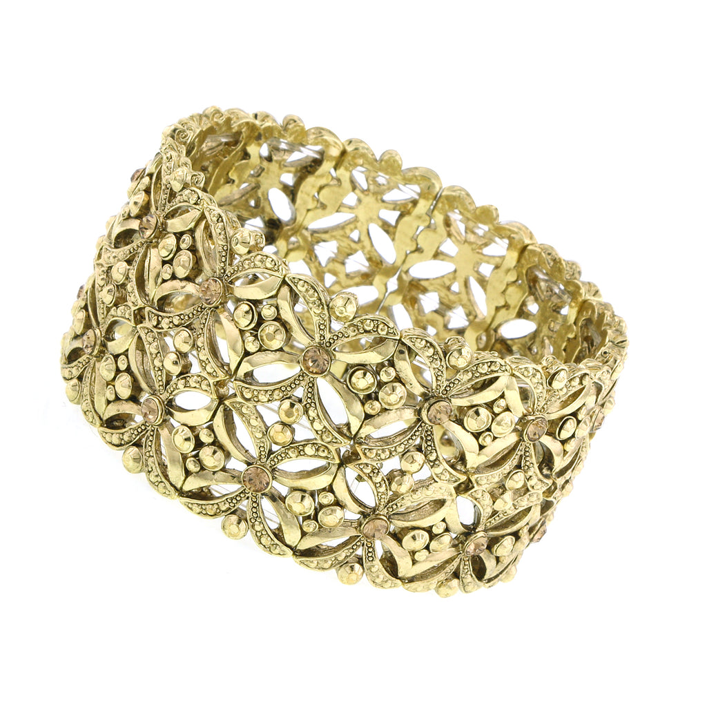 Gold Tone 2028 Jewelry Ornate Filigree & Crystal Wide Stretch Bracelet