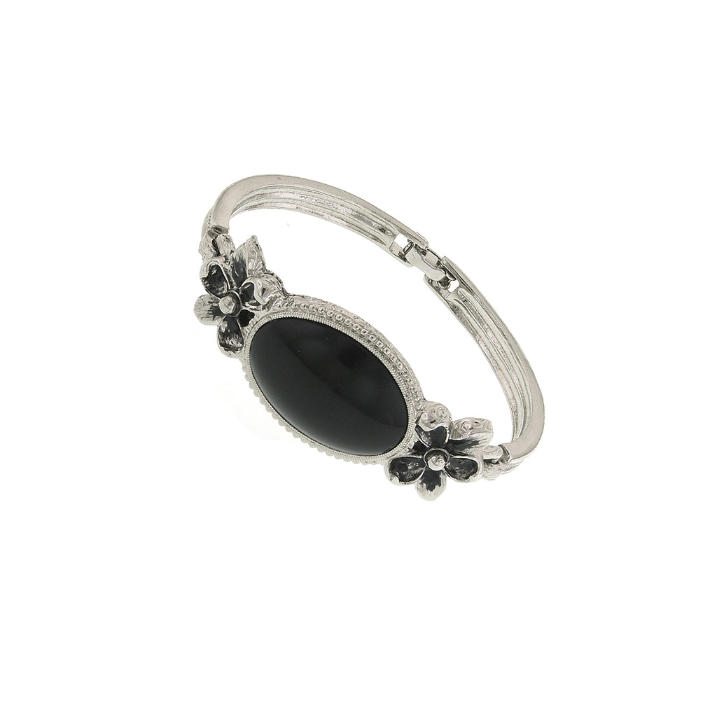 Silver Tone Oval Black Stone Flower Bracelet