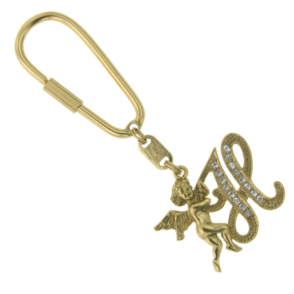 Gold Tone Crystal Monogram Initial Angel Key Fobs H