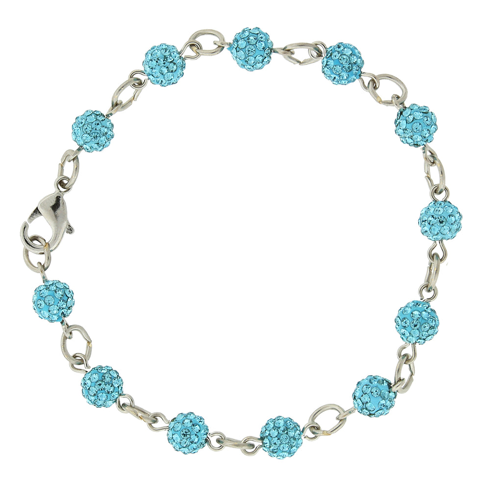 Silver Tone Aqua Blue Crystal Fireball Pave Clasp Bracelet