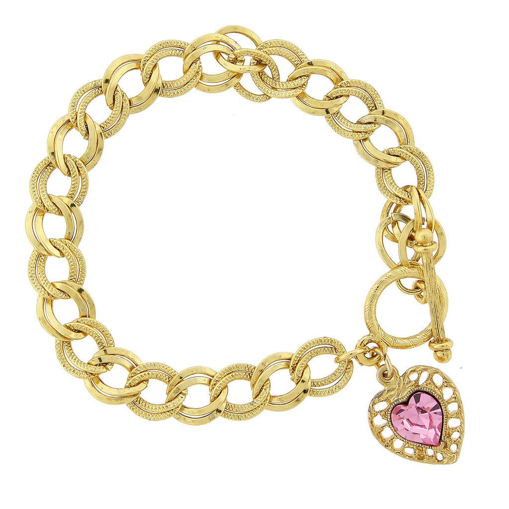 14K Gold Dipped Pink Austrian Heart Toggle Bracelet