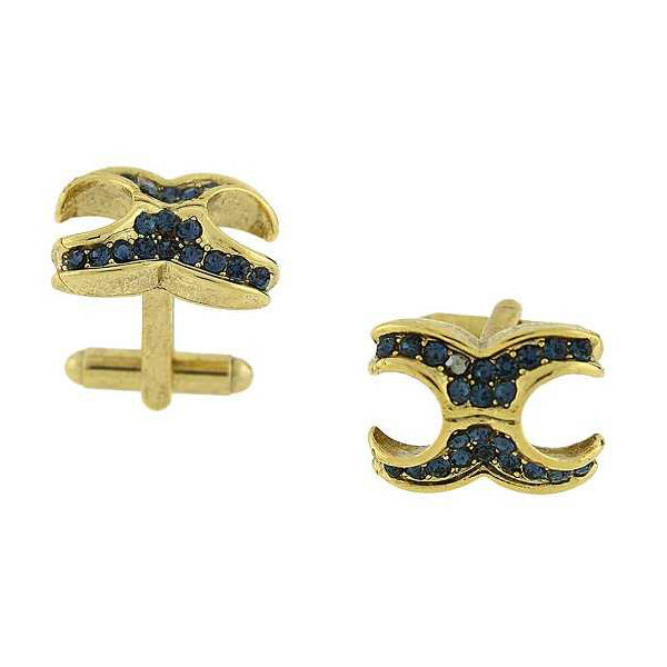 Gold Tone X-Shaped And Blue Crystal Cufflinks
