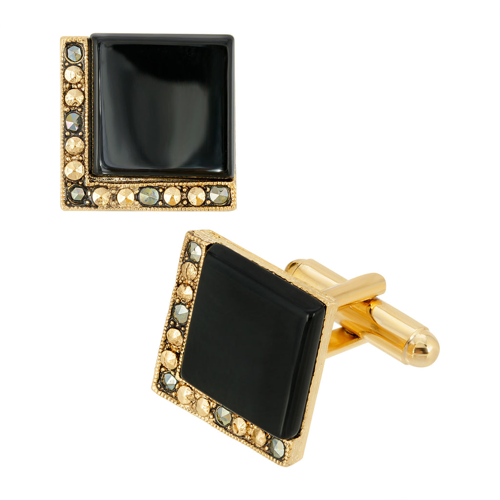 Black Onyx 14K Gold Dipped Gemstone Square Cufflinks