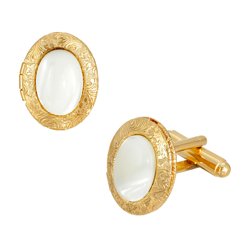 Mother Of Pearl 14K Gold Dipped Costume Oval Locket Cufflinks