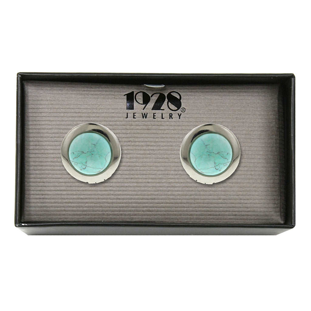 Turquoise Silver-Tone Semi Precious Gemstone Round Locket Cufflinks 