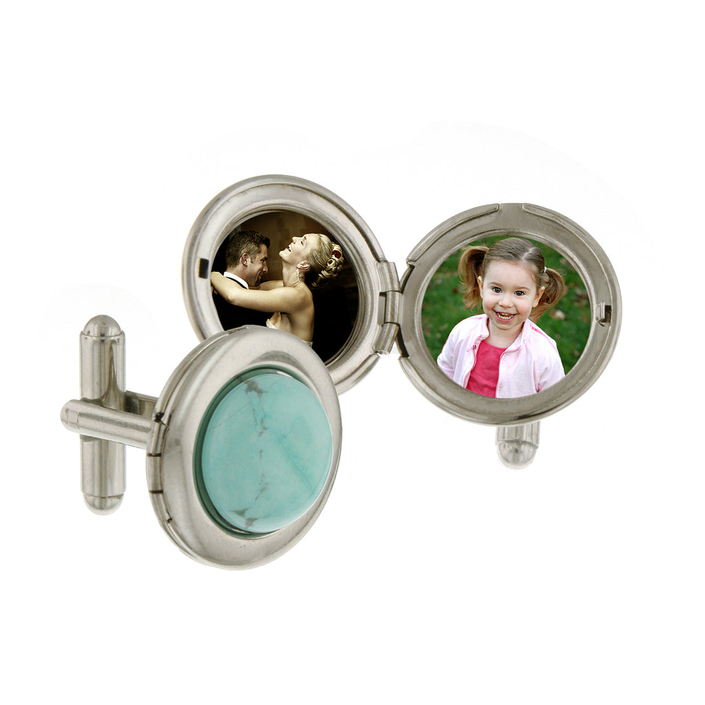 Turquoise Silver-Tone Semi Precious Gemstone Round Locket Cufflinks Opened With Pictures