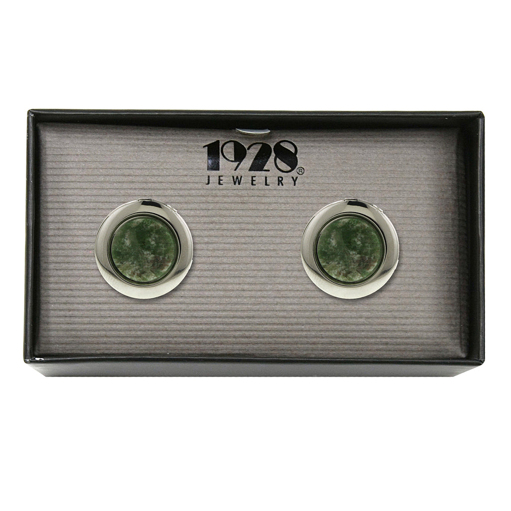 Jade Silver-Tone Semi Precious Gemstone Round Locket Cufflinks