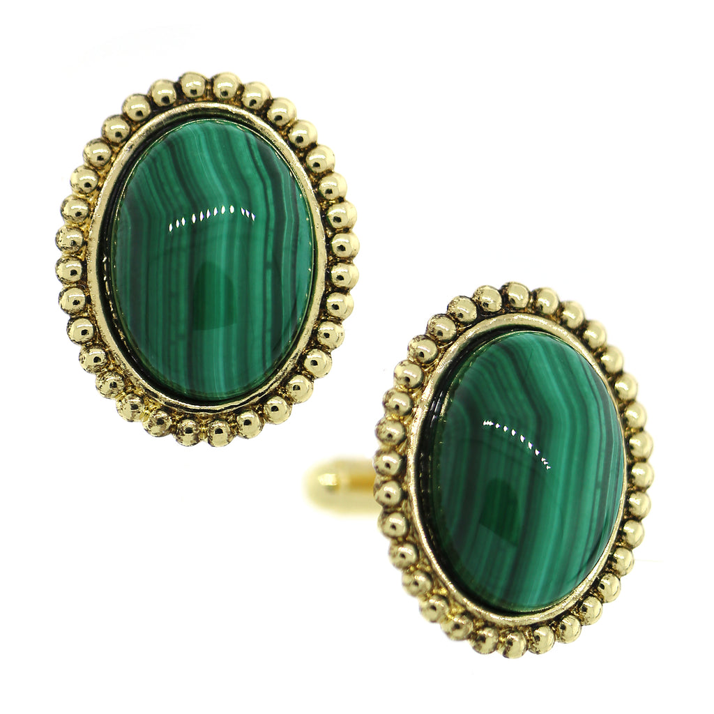 14K Gold Dipped Gemstone Green Malachite Oval Cufflinks