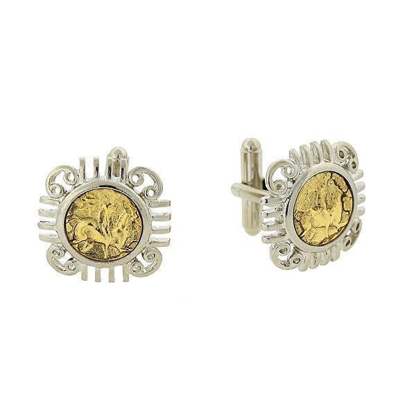 Silver Tone And 14K Gold Dipped Ancient Greek Coin Replica Cufflinks