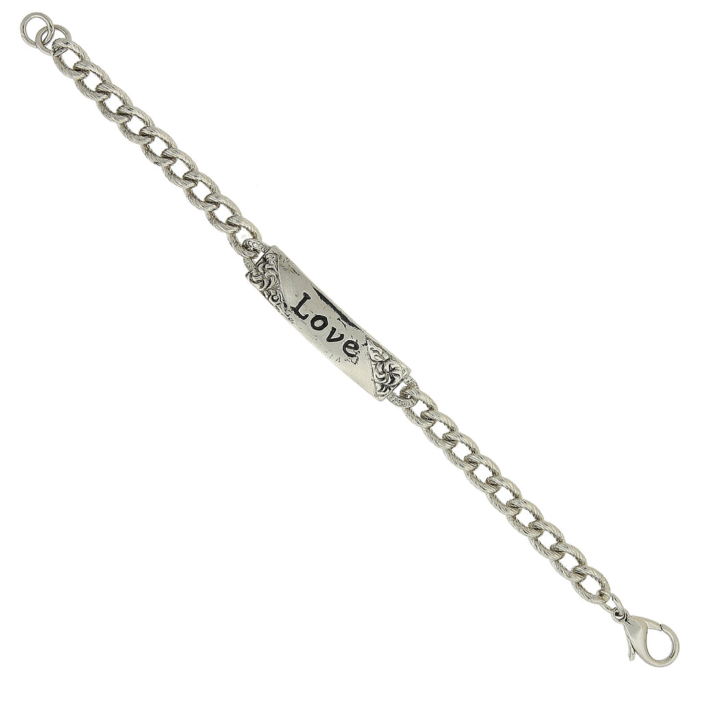 Silver Tone Embossed  Love  Curb Link Bracelet