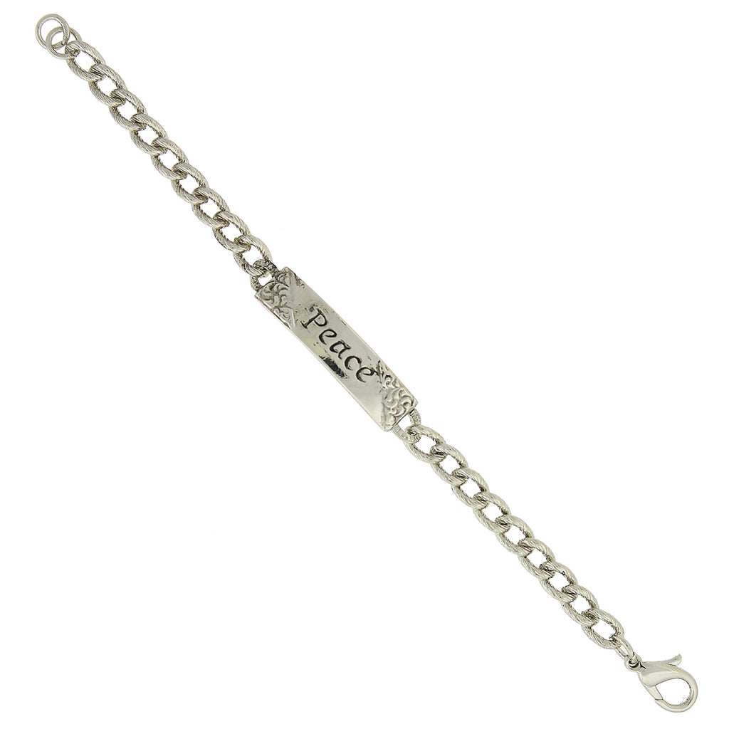 Silver Tone Embossed  Peace  Curb Link Bracelet