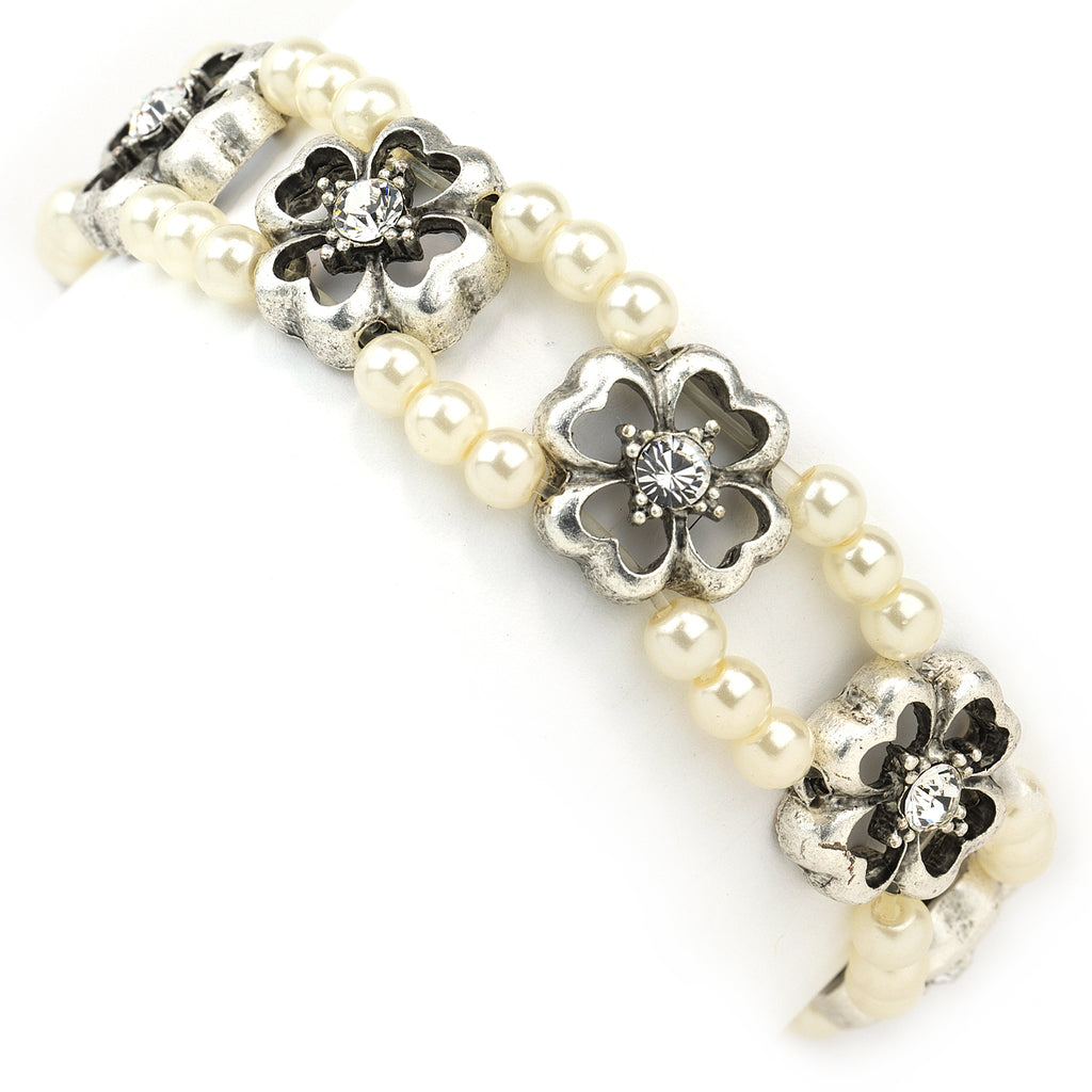 Four-Leaf Clover Crystal White Faux Pearl Stretch Bracelet