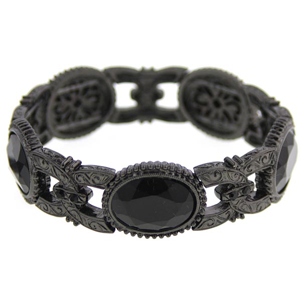 Black Tone Black Faceted Oval Stone Stretch Bracelet