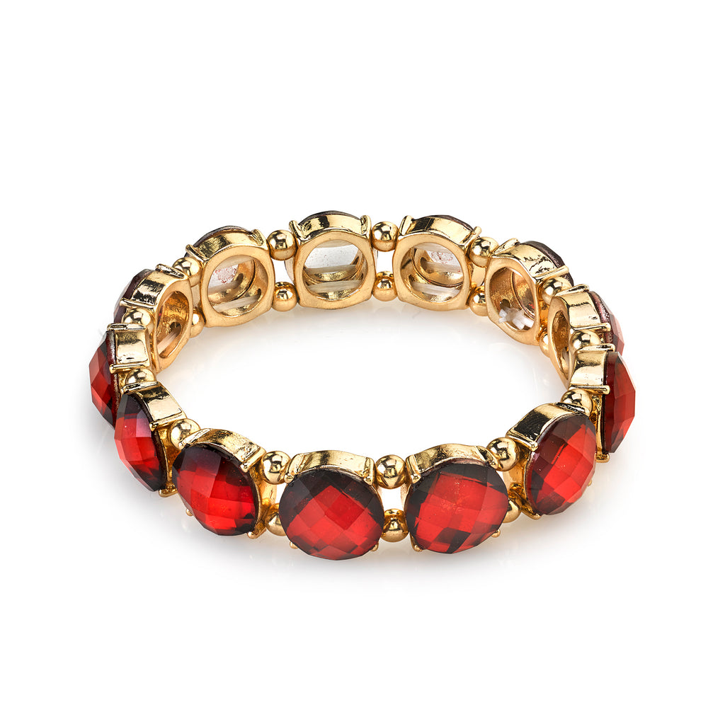 Gold Tone Red Faceted Stretch Bracelet