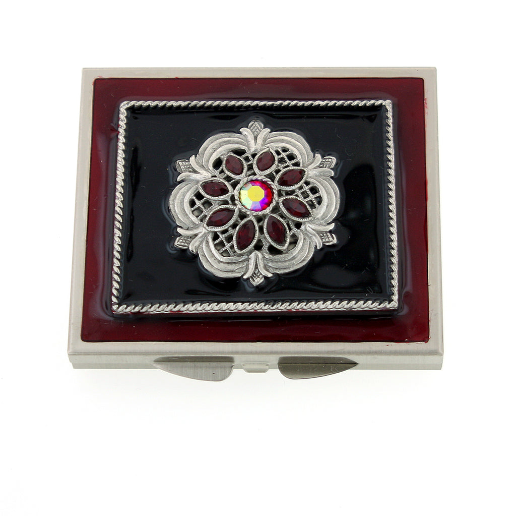  Silver-Tone Red Enamel & Crystal Square Mirror Compact