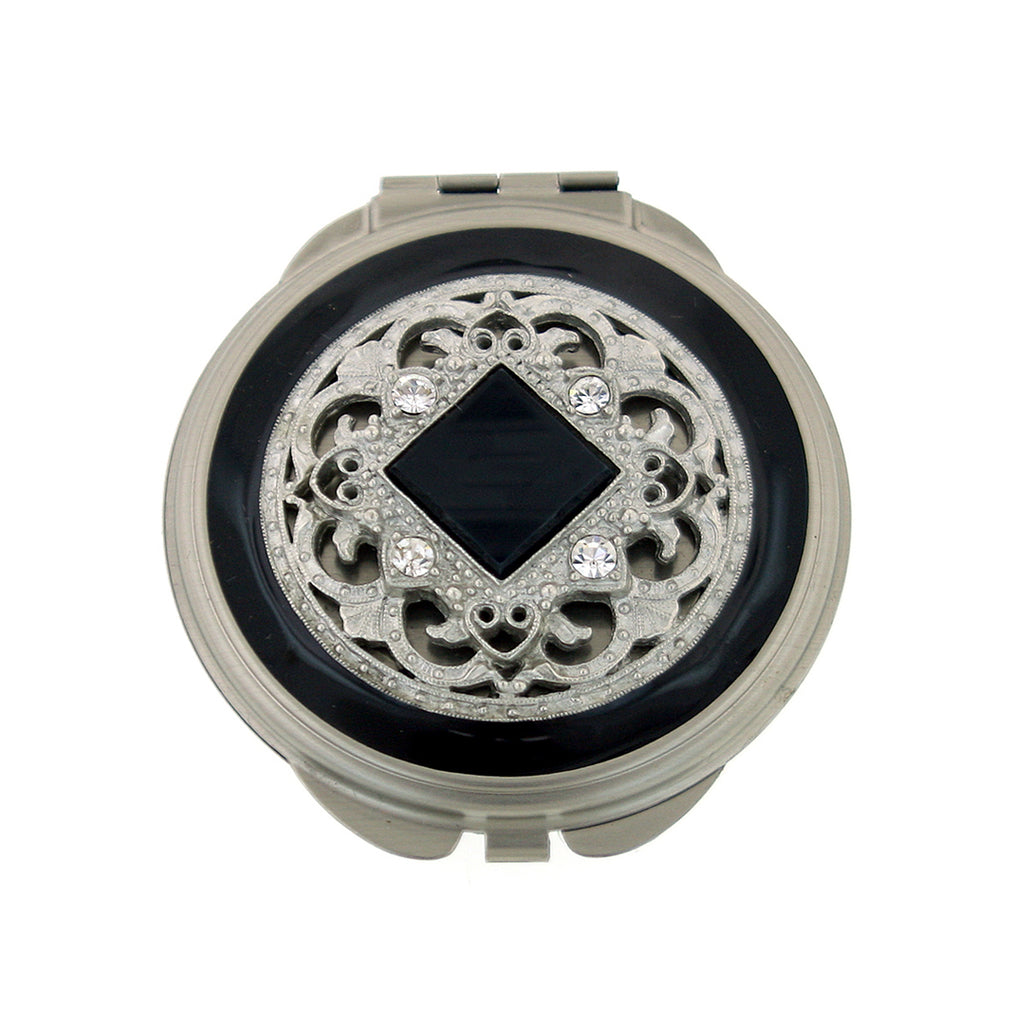 Black  Enamel And Square Stone Round Mirror Compact