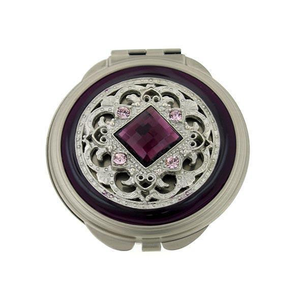 Purple Enamel And Square Stone Round Mirror Compact