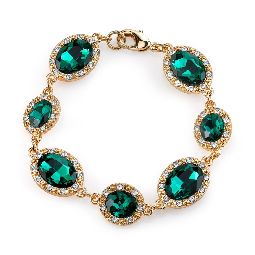 Gold Tone Green And Crystal Accent Oval Bracelet