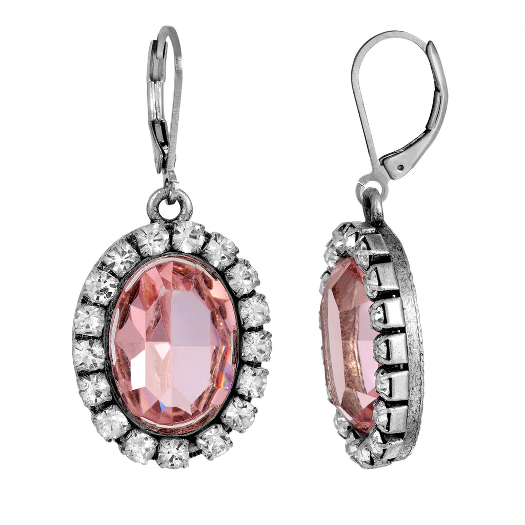 Pink Oval Vivid Austrian Crystal Element Drop Earrings
