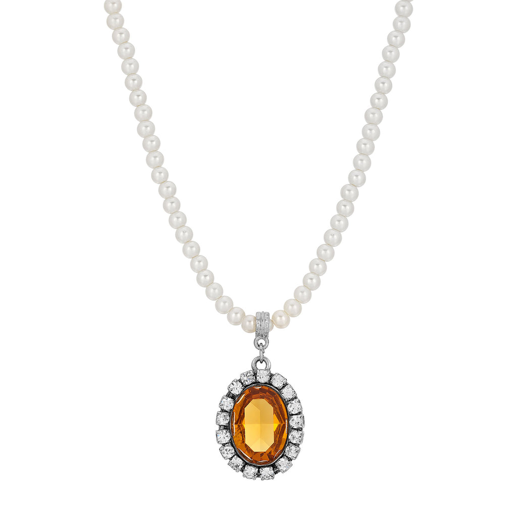 Yellow Austrian Crystal Element Pearl Strand Necklace 
