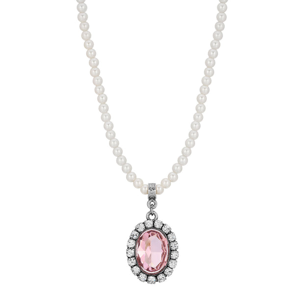 Pink Swarovski Crystal Element Pearl Strand Necklace 