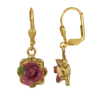 Antiqued Pink Rose Hand Enameled Flower Drop Earring