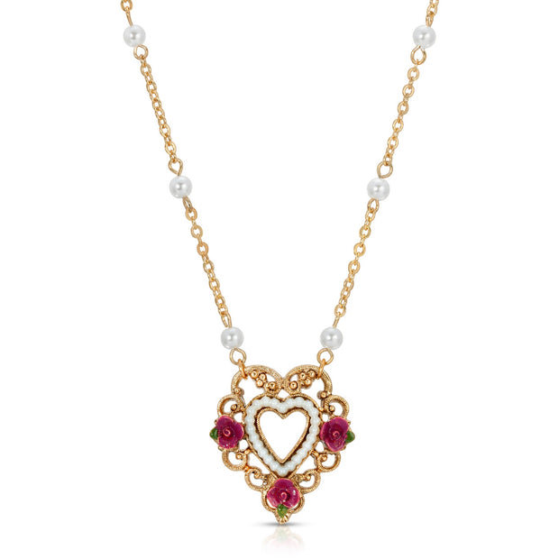 Pink Enamel Flower Faux Pearl Rimed Open Heart Necklace 16 Inch Chain